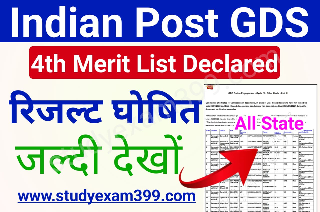 Indian Post GDS 4th Merit List 2022 Declared - इंडियन पोस्ट जीडीएस फोर्थ मेरिट लिस्ट रिजल्ट अभी-अभी हुआ जारी जल्दी चेक करो अपना नाम