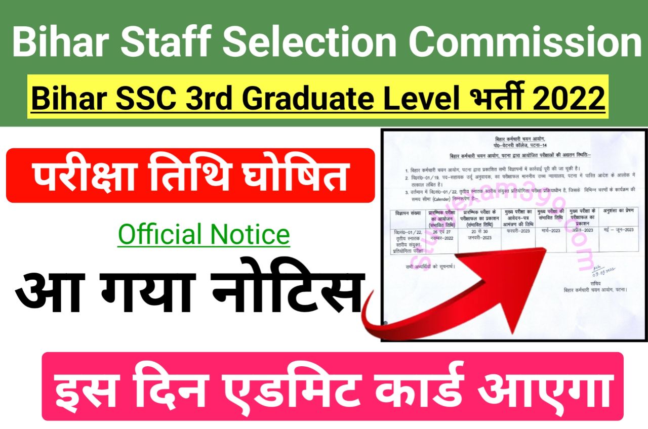 Bihar SSC 3rd Graduate Level Exam Date 2022 आ गया ऑफिशल नोटिस - Bihar BSSC 3rd Graduate Level Exam Date 2022 Notice Release Download New Best Link Here