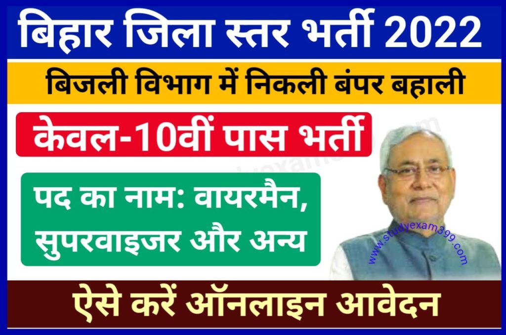 Bihar District Level Bharti 2022 - बिहार बिजली विभाग वायरमैन बहाली 2022 मैट्रिक पास करें आवेदन, New Best News