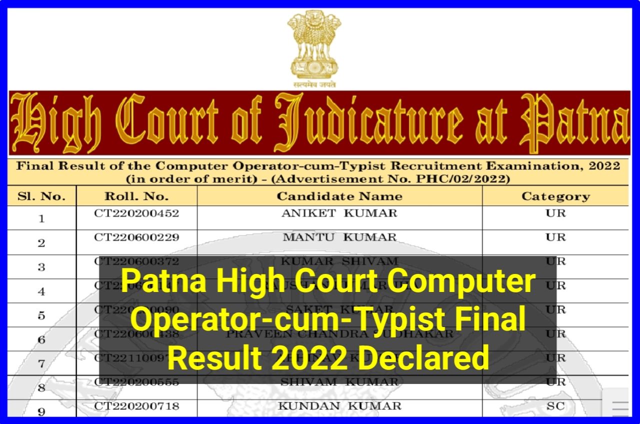 Patna High Court Computer Operator-Cum-Typist Final Result 2022 Declared - पटना हाई कोर्ट कंप्यूटर ऑपरेटर कम टाइपिस्ट फाइनल रिजल्ट हुआ जारी, यहां से देखें अपना रिजल्ट, New Best Link Active