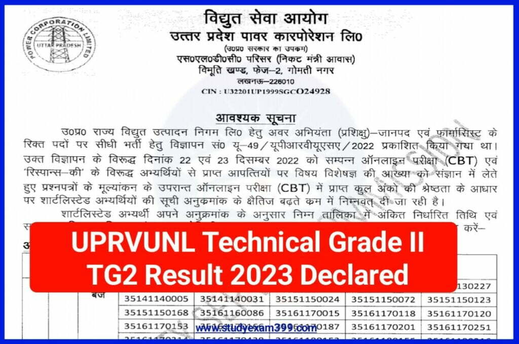 Uttar Pradesh UPRVUNL Technical Grade II TG2 Result 2023 Declared Download Direct Best लिंक