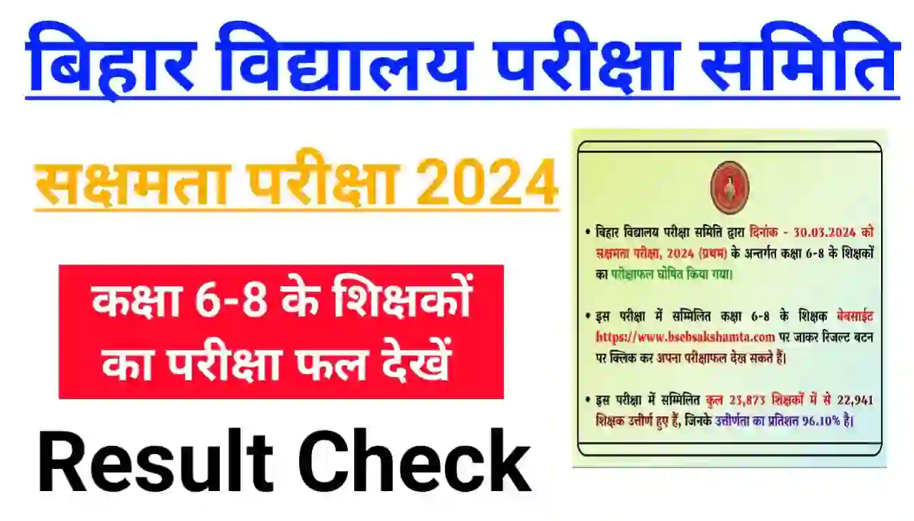 Bihar Board Sakshamta Pariksha Result 2024 : बिहार विद्यालय परीक्षा समिति सक्षमता परीक्षा 2024 कक्षा 6 से 8 के शिक्षकों का परीक्षाफल हुआ जारी, यहां से देखें