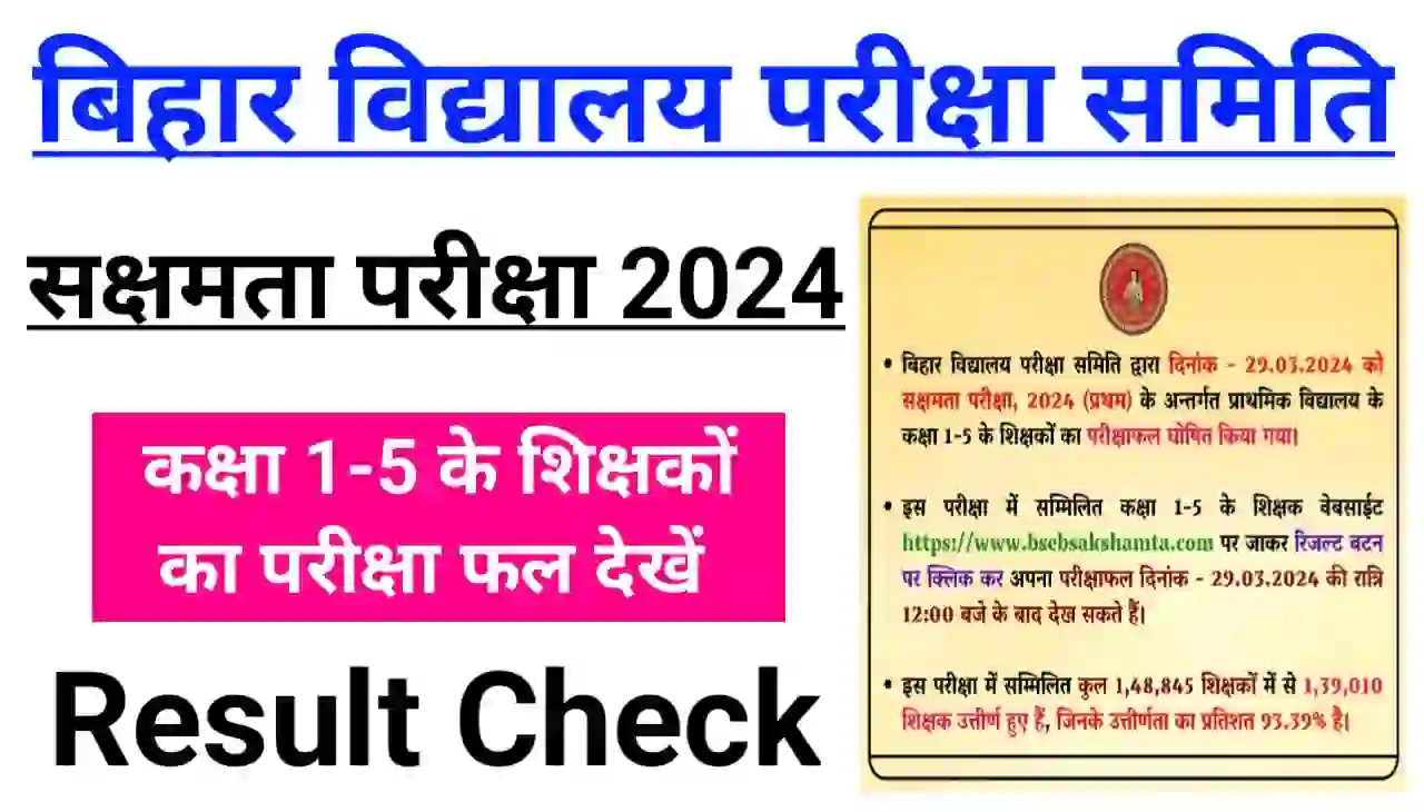 Bihar Board Sakshamta Pariksha Result 2024 Check : बिहार विद्यालय परीक्षा समिति ने सक्षमता परीक्षा 2024 का परिणाम हुआ घोषित