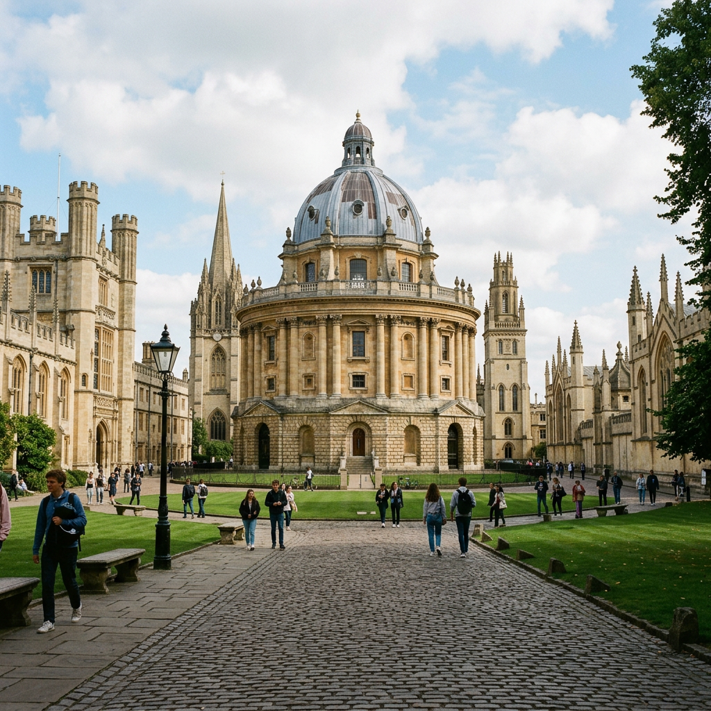 Radcliffe Camera building at Oxford University with people walking on cobblestone path